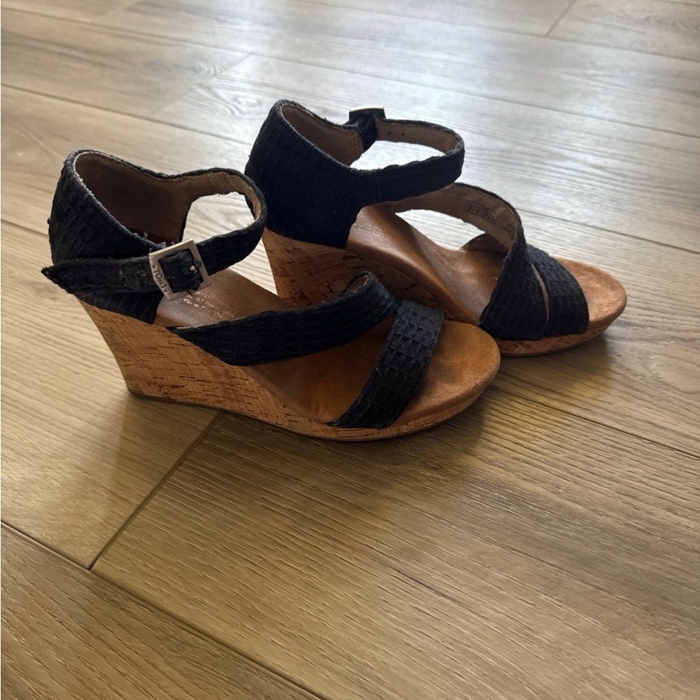 Tom’s Black Wedge Sandals with Cork Heel